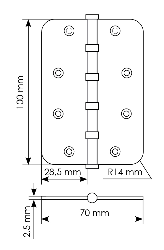 Петля стальная MSN-C 100X70X2.5-4BB SG скругленная универсальная с подшипником, вес полотна до 40 кг, цвет матовое золото фото купить в Челябинске